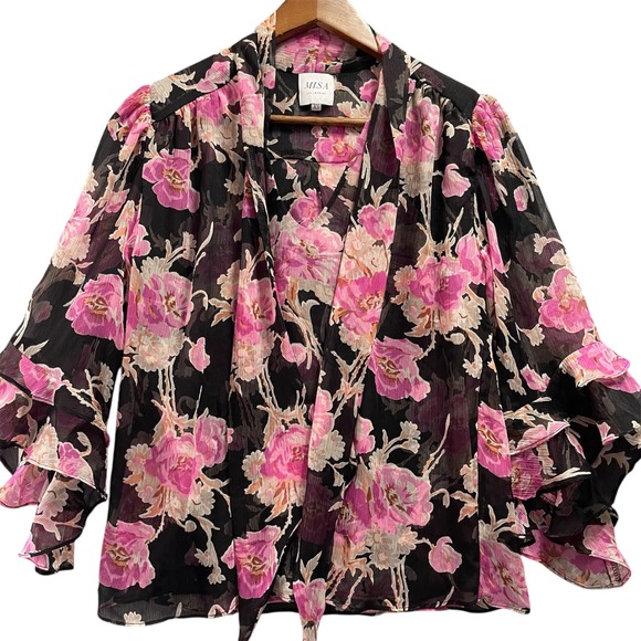 Misa Los Angeles Tops - MISA Los Angeles Floral Tie Neck Blouse Womens XS Pink Ruffle Chiffon Fairy Y2K‎